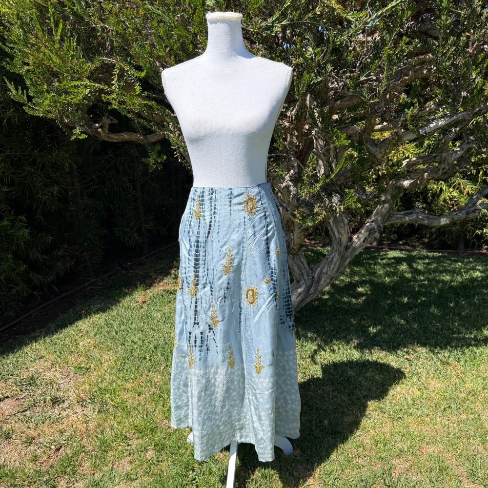 Soft Surroundings Silk Maxi Skirt PXL Blue‎ Tie Dye Gold Sequin Embroidered Boho